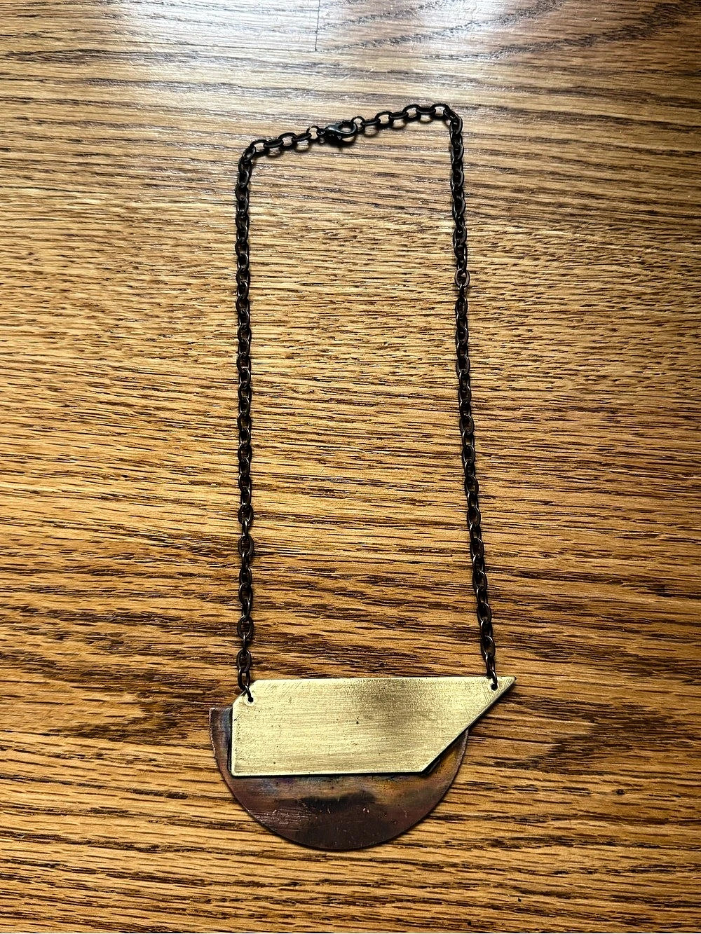Brass Geometric Pendant Necklace in Brown & Gold OOAK